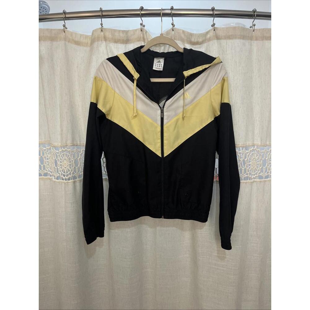 adidas Windbreaker Women's Small Black w/Yellow & White Hooded Track Jacket 2006